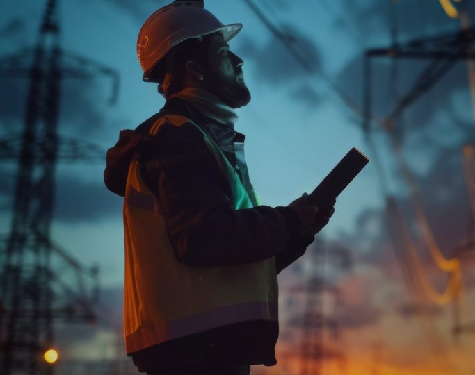 Worker using a tablet in front of a power plant silhouette at sunset